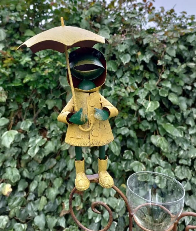 Regenmeter Kikker met Paraplu – Handgemaakt metaal & glas