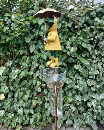 Regenmeter Kikker met Paraplu – Handgemaakt metaal & glas
